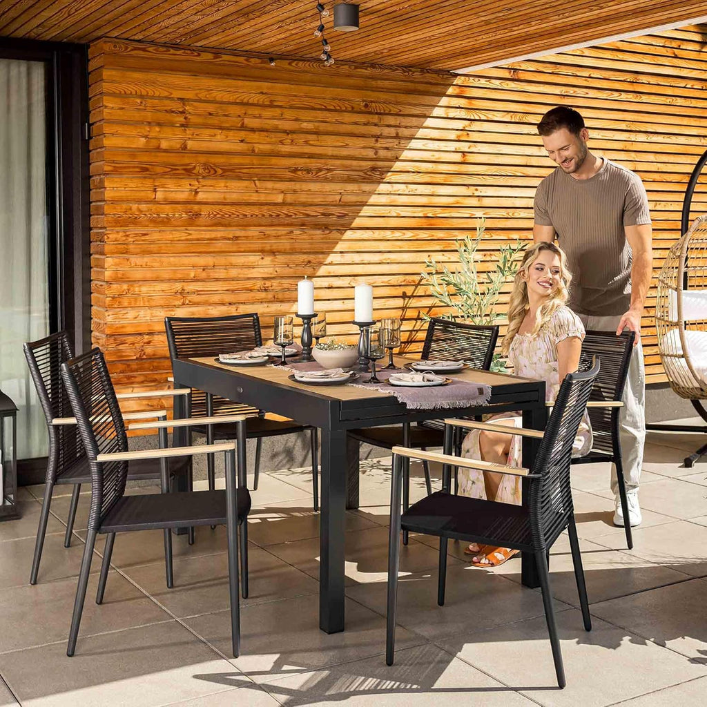 Mesa de jardín extensible di volio Galipo 135-270 cm – Mesa de terraza de aluminio resistente a la intemperie para 6-12 personas – Mesa de comedor con aspecto de madera y patas ajustables (beige)