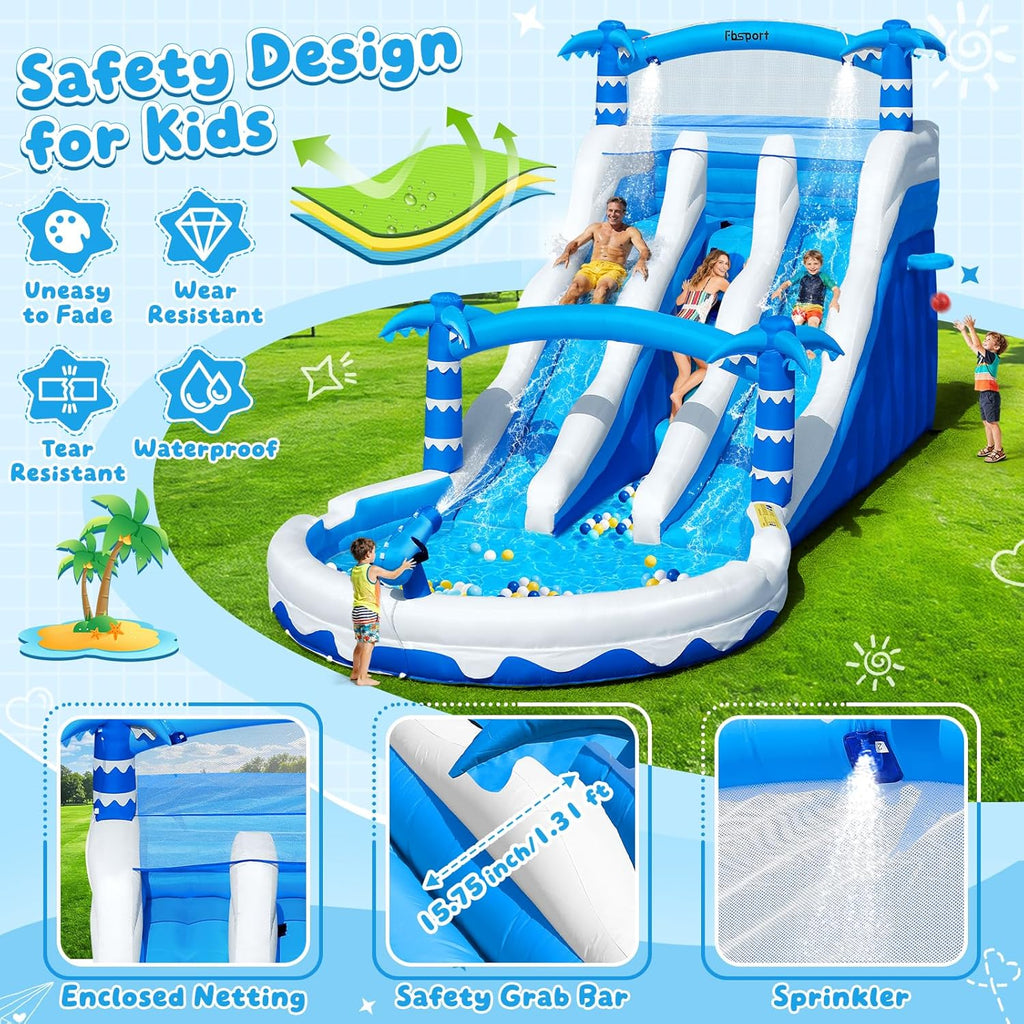 Castillo hinchable XXL con 2 toboganes de agua para uso comercial, adultos y niños, hinchable para interior y exterior con soplador, piscina, tobogán, canasta, sistema de aspersores y pared de escalada, 630x290x285 cm