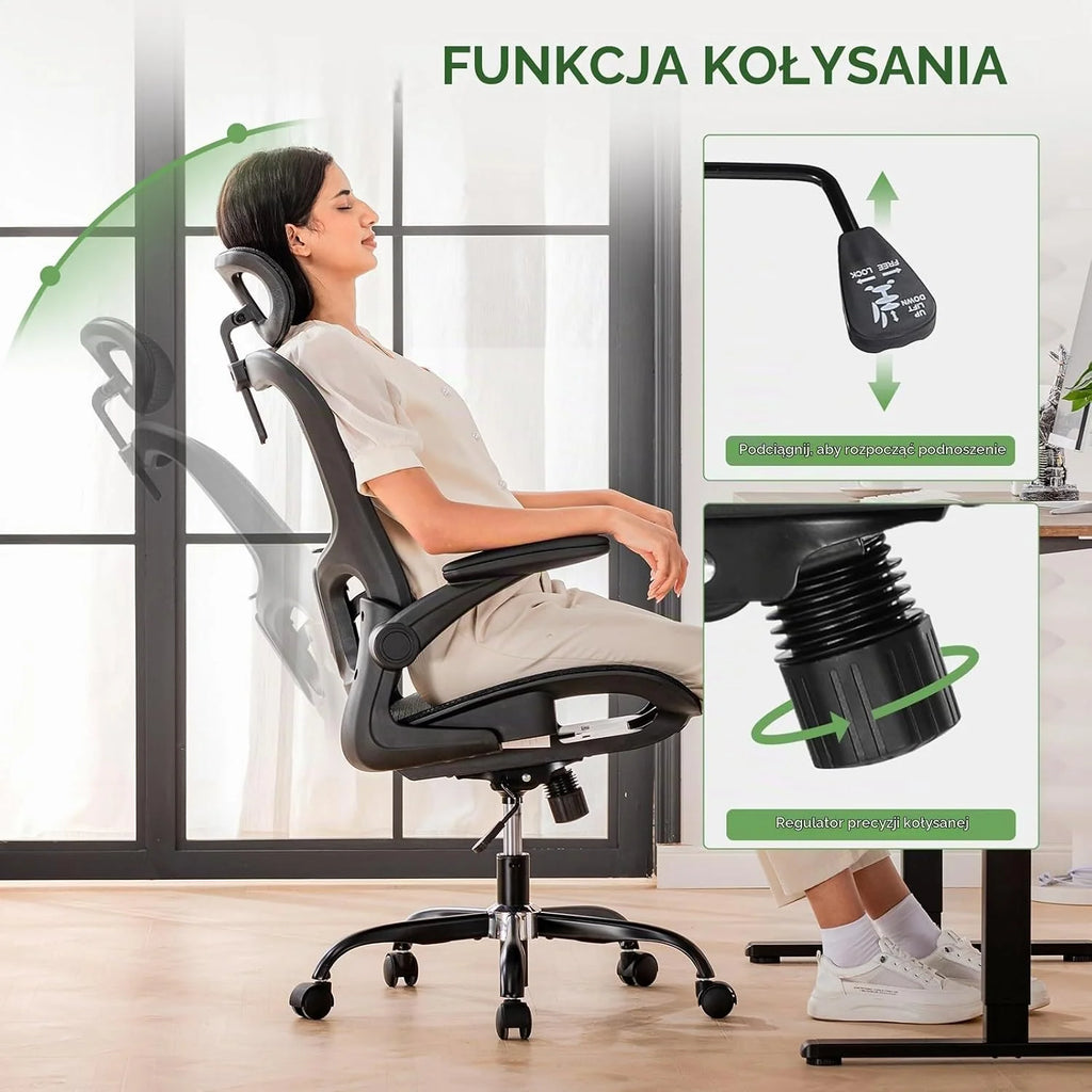 GTPLAYER Ergonomiczne krzesło biurowe z regulowanym zagłówkiem, podłokietnikami, podparciem okolic lędźwiowych, krzesło biurowe i gamingowe, funkcja przechylania, fotel szefa z siatki, 150 kg (czarny)