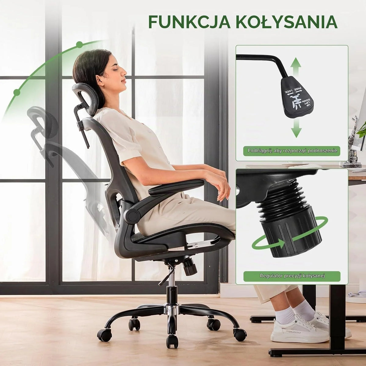 GTPLAYER Ergonomiczne krzesło biurowe z regulowanym zagłówkiem, podłokietnikami, podparciem okolic lędźwiowych, krzesło biurowe i gamingowe, funkcja przechylania, fotel szefa z siatki, 150 kg (czarny)