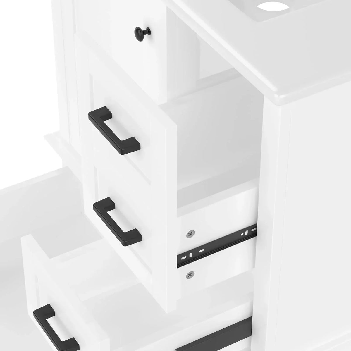Moimhear Mueble de baño de pie, lavabo, totalmente lacado, tres cajones de cierre suave, lavabo de cerámica integrado (blanco, 76 x 46 x 83,5 cm)