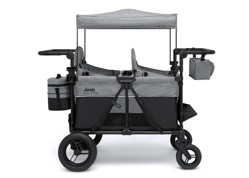 Jeep Wrangler Deluxe Stroller Wagon for 4 Kids – Removable Canopy, Cooler Bag, Modular Seats, XXL Storage, All-Terrain Tires, Adjustable Handlebars