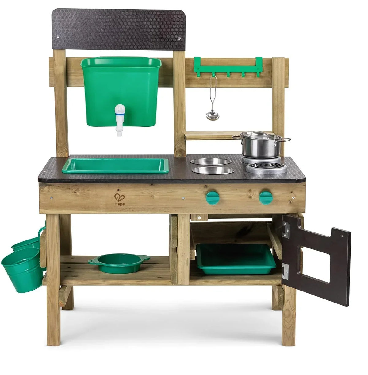 Cocina de juguete para exteriores E3193 de madera de pino para niños a partir de 3 años con fogones, horno, fregadero, depósito de agua y accesorios de cocina