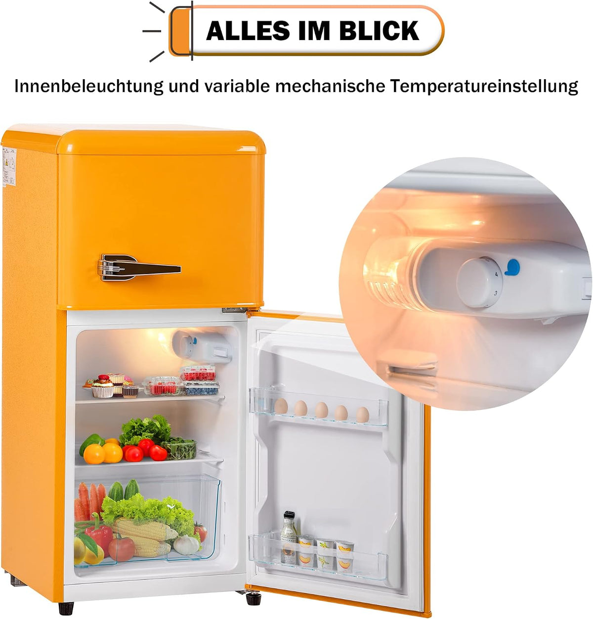 Frigorífico retro DRIXNO. Combinado con congelador. 86,8 cm de alto, 45,5 cm de ancho, dos puertas, con 60 litros de volumen total, 22 litros de volumen de congelación. 163 kWh/año, -27 °C ∽ 13 °C, luz LED