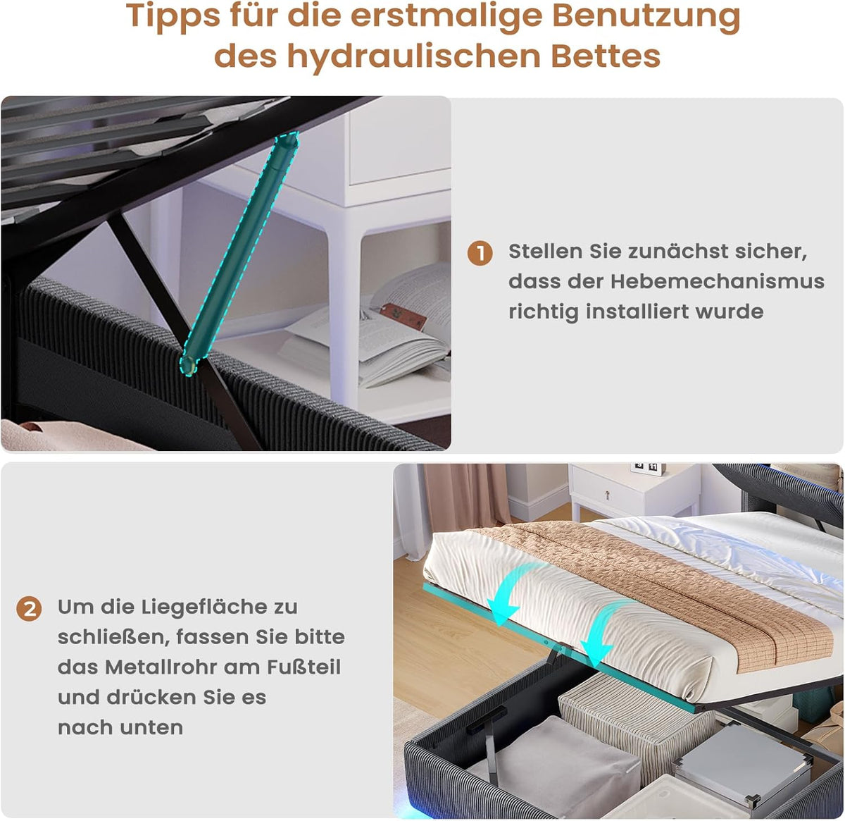 AOGLLATI Cama 90x200 con almacenamiento hidráulico, cama juvenil 90x200 con iluminación LED y estación de carga, cama tapizada individual, cama infantil con cabecero con almacenamiento, sin colchón (gris oscuro, 90x200 cm)