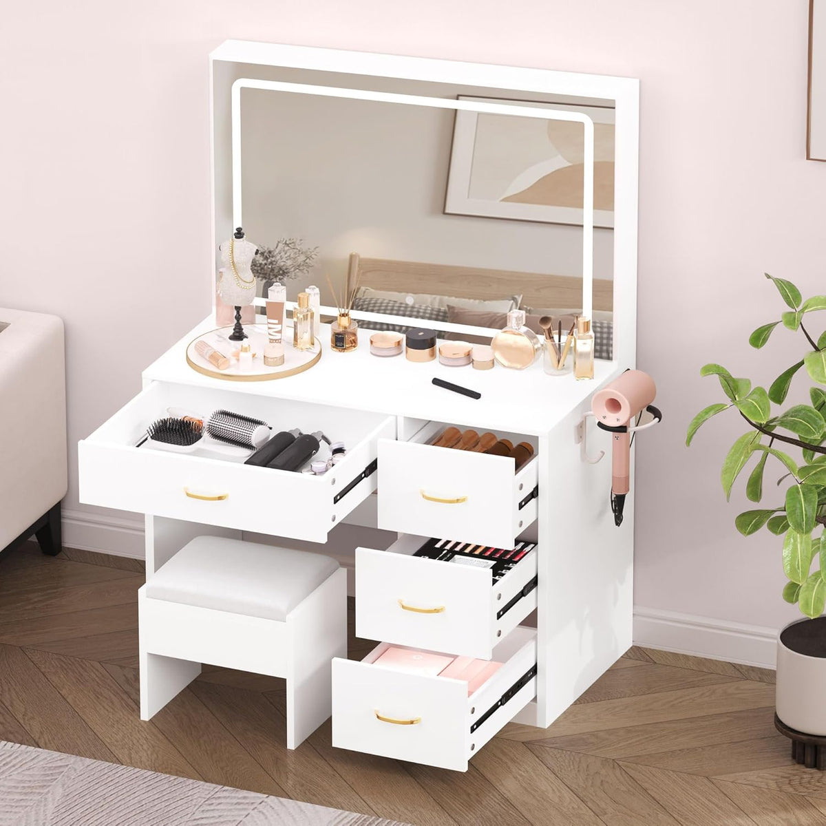 Tocador YITAHOME con espejo, mesa de maquillaje con 4 cajones, iluminación, toma de corriente, blanco (tocador, mesa de cosméticos)