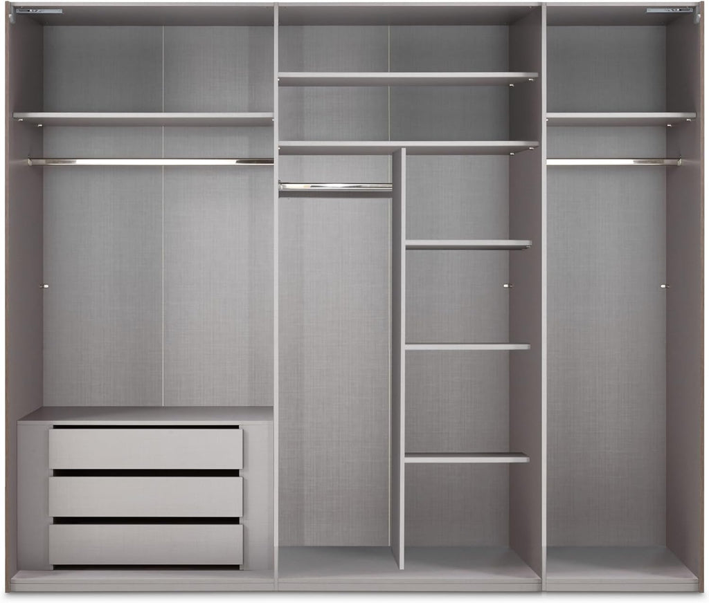 Armario de puertas correderas de 3 puertas, 250 cm ancho/216 cm alto/65 cm fondo, blanco con frente de cristal, espejo y perfiles de agarre negros, incl. cierre suave, armario con estantes, barras para ropa, cajones y compartimentos / 22033