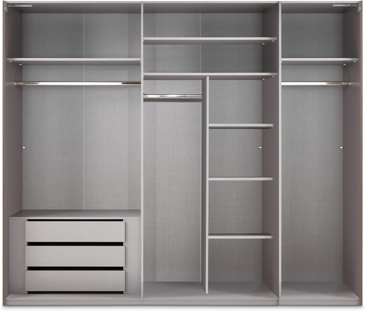 Armario de puertas correderas de 3 puertas, 250 cm ancho/216 cm alto/65 cm fondo, blanco con frente de cristal, espejo y perfiles de agarre negros, incl. cierre suave, armario con estantes, barras para ropa, cajones y compartimentos / 22033