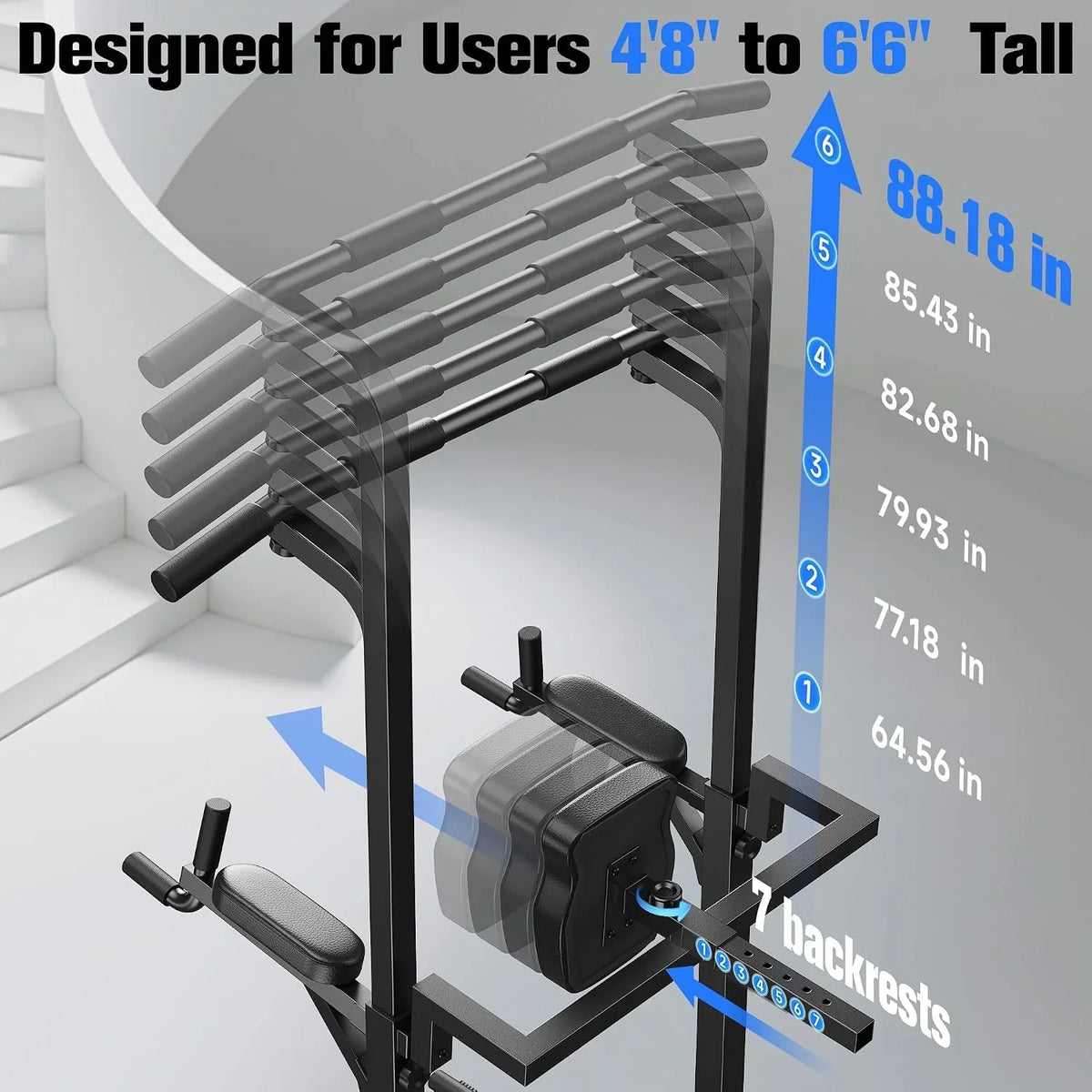 Torre de potencia con barra de dominadas y estación de fondos FB-19YTXS02, estación de fuerza de acero, capacidad de carga de 204 kg para entrenamiento en casa