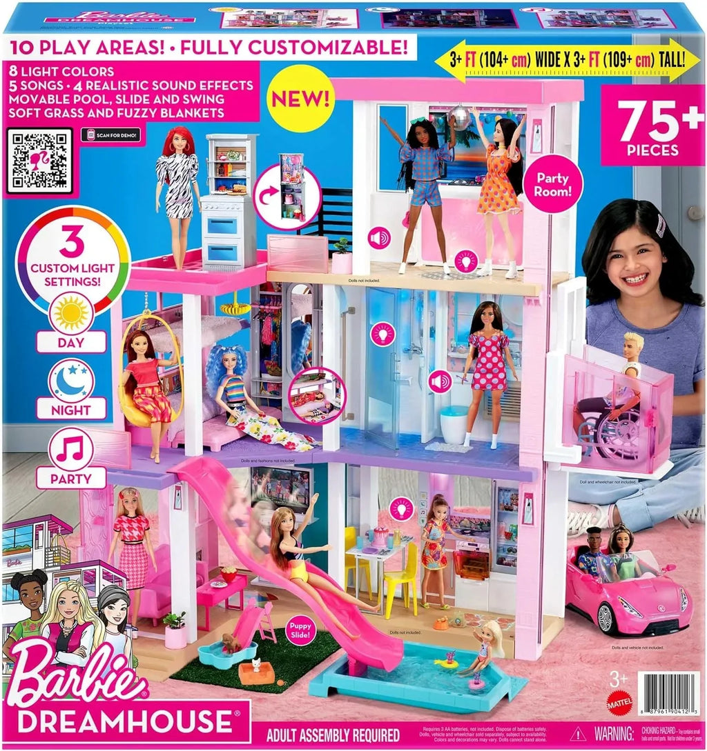 Set de juego casa de muñecas de 3 pisos con piscina, tobogán, ascensor, luz y sonido, 75 accesorios, modelo GRG93