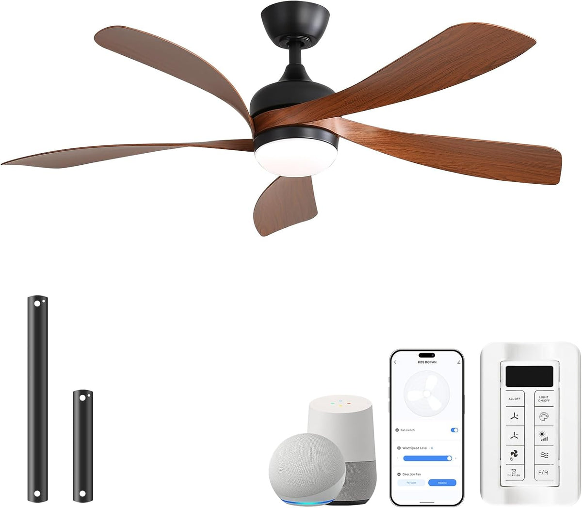 Ventilador de techo inteligente Sofucor con luz, 132 cm, compatible con Alexa/APP, control remoto, 3 temperaturas de color, temporizador, 6 velocidades, motor CC silencioso para sala de estar