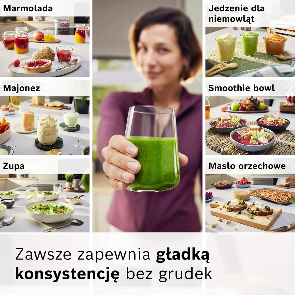 Bosch, blender ręczny, ErgoMaster Serie 8, silnik 1500 W, intuicyjna regulacja prędkości, 6-ramienne ostrze, akcesoria w zestawie, stal nierdzewna, MSM8M930