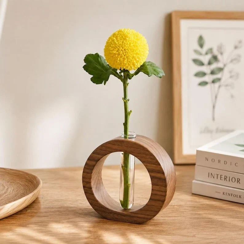 Jarrón redondo de tubo de ensayo de madera de nogal, maceta hidropónica con tubo de vidrio, decoración de escritorio escandinava