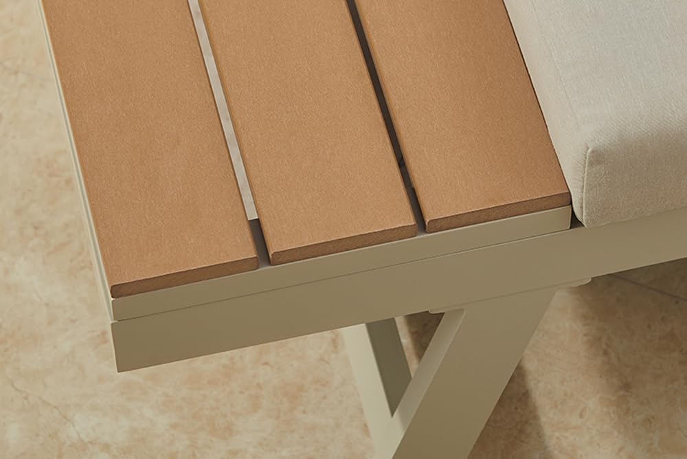 Riess Ambiente - Salón de jardín modular ajustable Miami - 230 cm - Champán greige - WPC aluminio - Sofá de jardín tumbona con estante