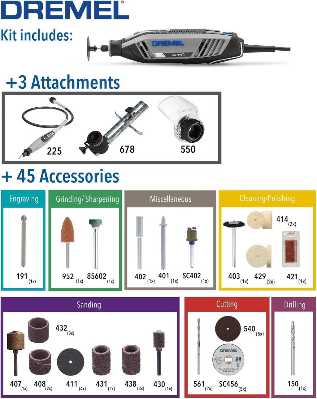 Dremel 4250 Herramienta rotativa multifunción de 175 W con 3 adaptadores, 35 accesorios, velocidad variable de 5000 a 35 000 rpm para cortar, lijar, taladrar, limpiar, esculpir, pulir, grabar, amolar y fresar