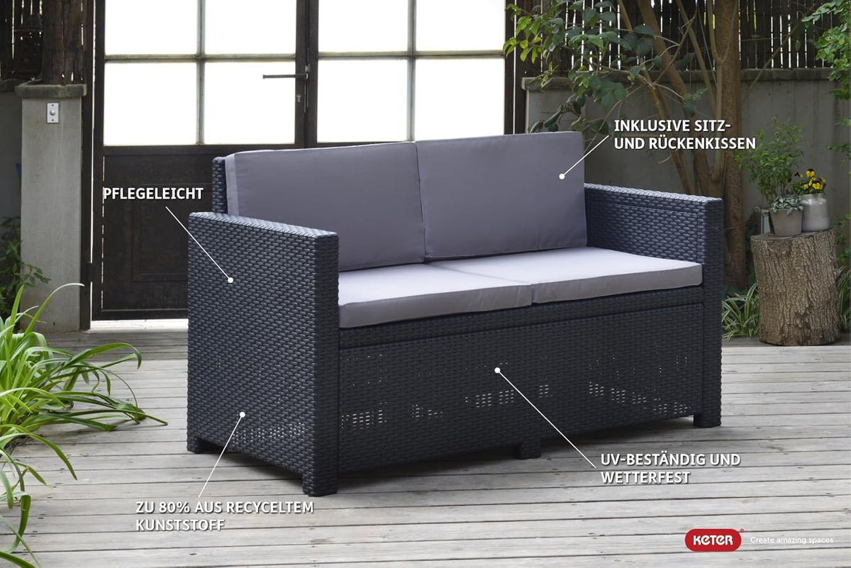 Sofá de jardín Victoria de Allibert by Keter - Sofá lounge de 2 plazas con aspecto de ratán, incl. cojines de asiento y respaldo, fácil de limpiar, resistente a la intemperie, gris, 129 x 63 x 77 cm