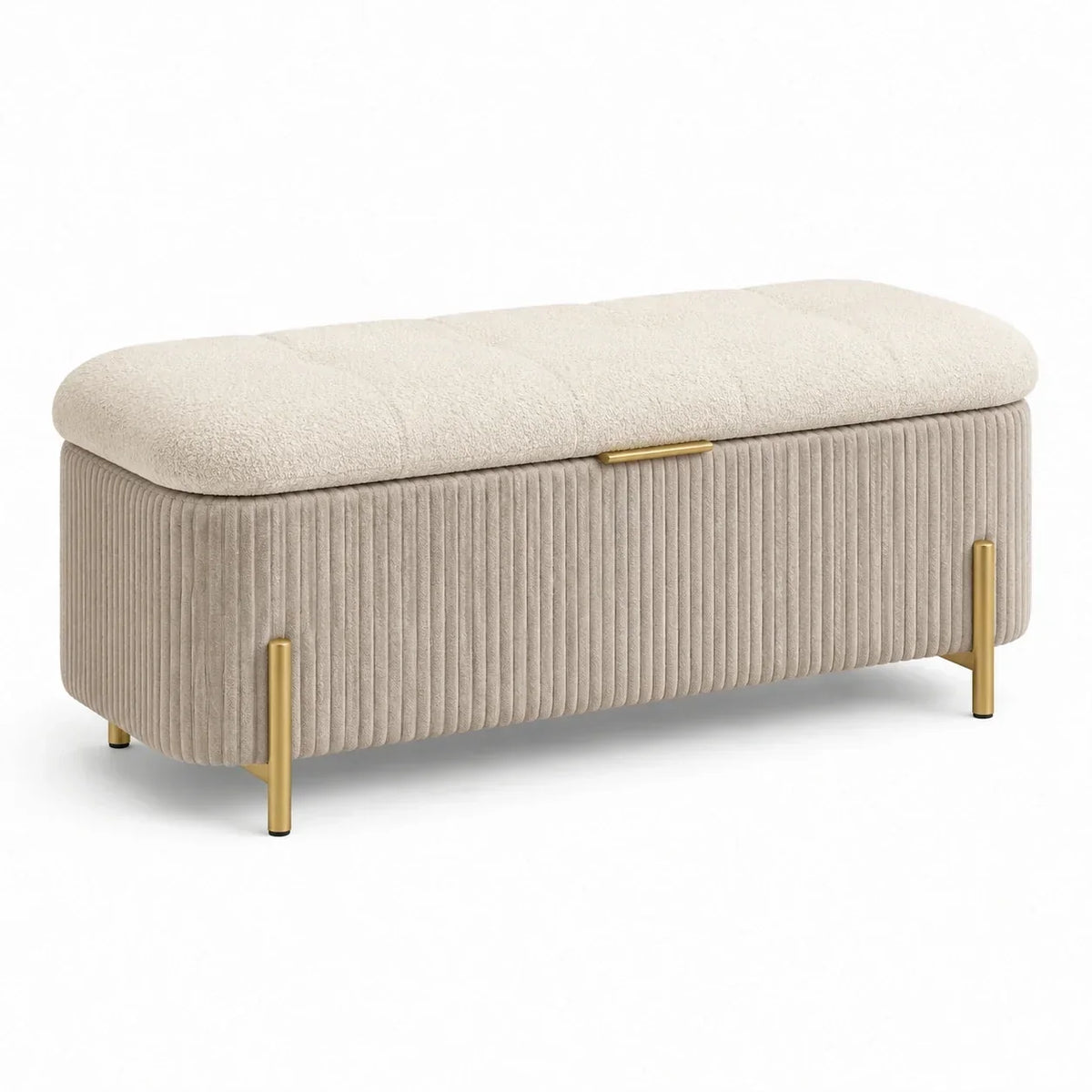Banco de almacenamiento de tela bouclé beige con patas de metal 120 cm