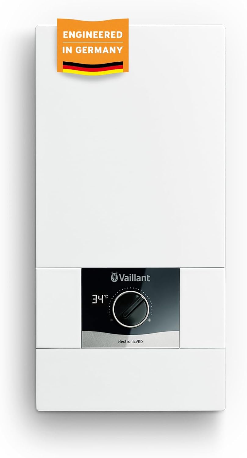 Calentador de agua electrónico Vaillant, VED E 21/8, resistente a la presión, 21 kW, 400 V, temperatura de salida precisa, regulable de forma continua, pantalla digital, 0010023778, [Clase de eficiencia energética A]