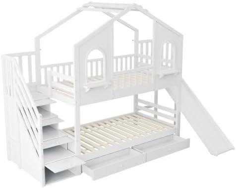 Cuna litera 90x200, cama alta en forma de casa con tobogán, escalera de almacenamiento, 2 cajones, ventanas y tejado, litera cama doble de madera con somier y protección anticaídas, pino, sin colchón, blanco
