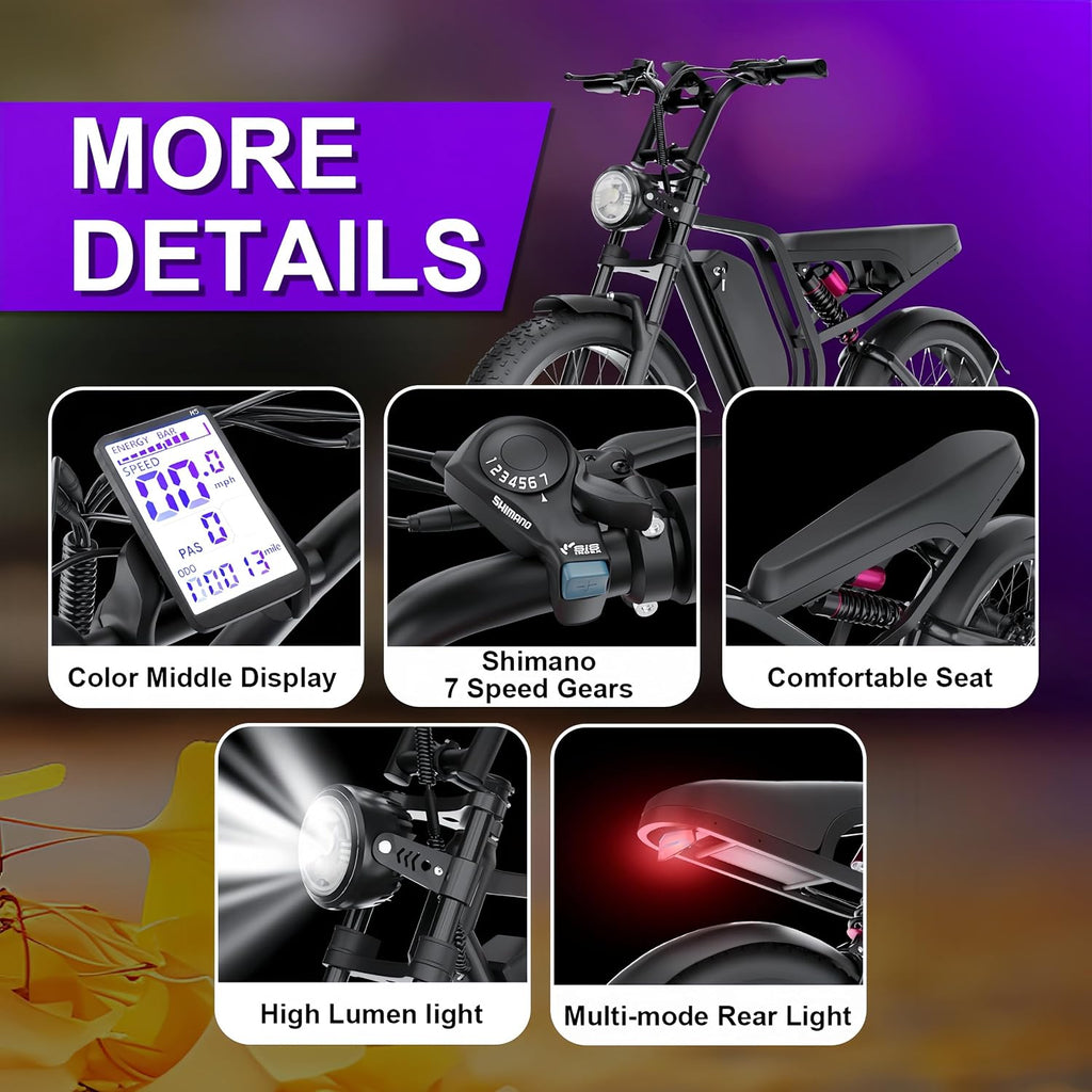 Bicicleta eléctrica DEEPOWER para adultos, batería extraíble de 48V/52V 20Ah, autonomía de hasta 60-110 km, neumáticos gruesos de 20 pulgadas, frenos de disco hidráulicos, Shimano de 7 velocidades, todoterreno