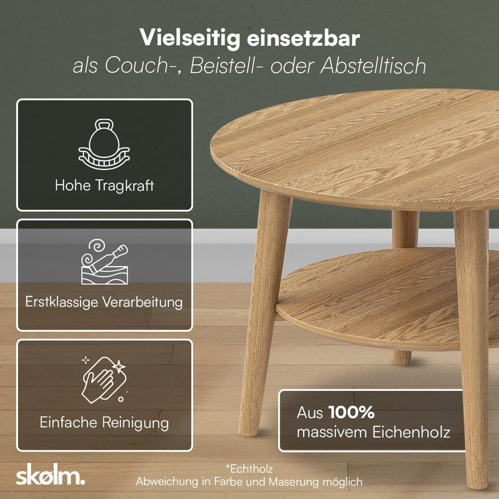 Mesa de centro redonda skølm Mjölnir Ø70 cm – Mesa de salón de madera maciza de roble – Mesa de sofá con 2 estantes – Mesa auxiliar pequeña con acabado de aceite natural – Mesa de madera para salón con espacio de almacenamiento – Coffee Table