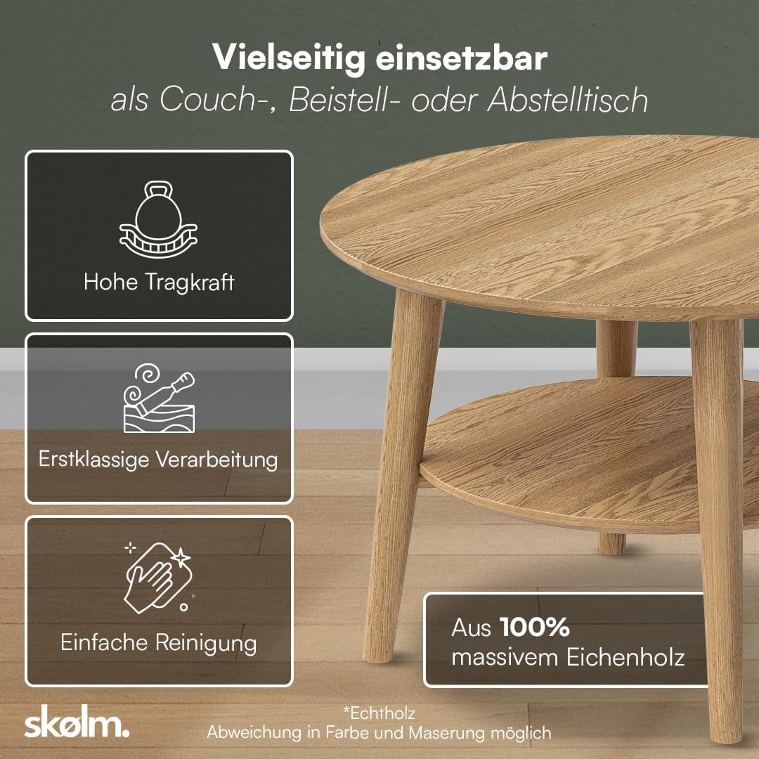Mesa de centro redonda skølm Mjölnir Ø70 cm – Mesa de salón de madera maciza de roble – Mesa de sofá con 2 estantes – Mesa auxiliar pequeña con acabado de aceite natural – Mesa de madera para salón con espacio de almacenamiento – Coffee Table