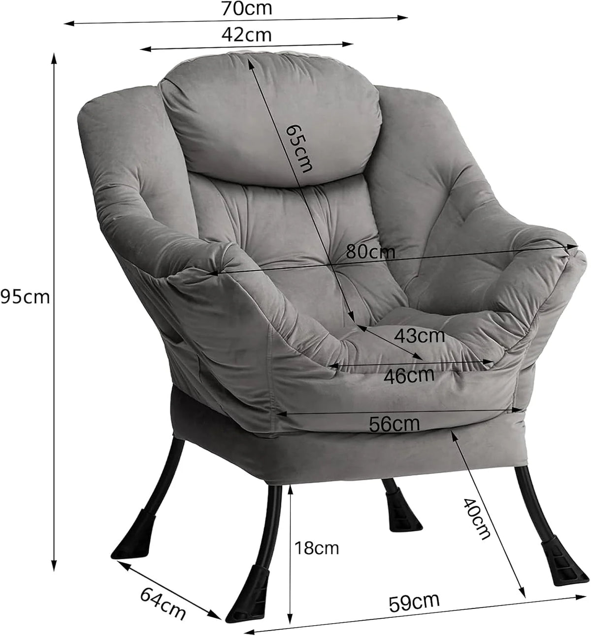HollyHOME Fotel Akcent Krzesło Leniwe Fotel Wypoczynkowy z Podłokietnikami Nowoczesny Aksamitny Materiał Wypoczynkowy Sofa Krzesło ze Stalową Ramą, Ciemno Szary