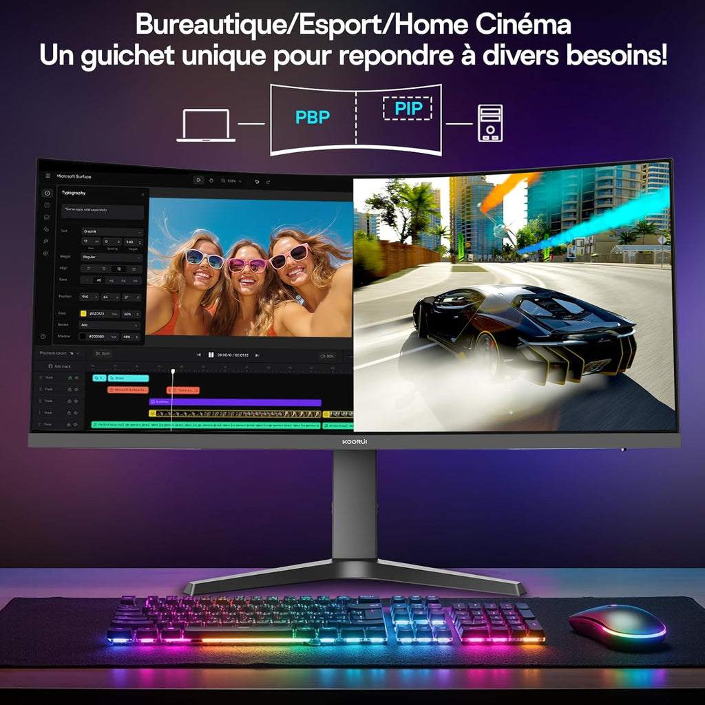 Monitor Gaming Curvo KOORUI de 34 pulgadas, Panel VA WQHD 3440x1440, 180Hz, HDR400, 99% sRGB, 2xHDMI 2.0 y DP 1.4, Altura ajustable de 110 mm, Negro