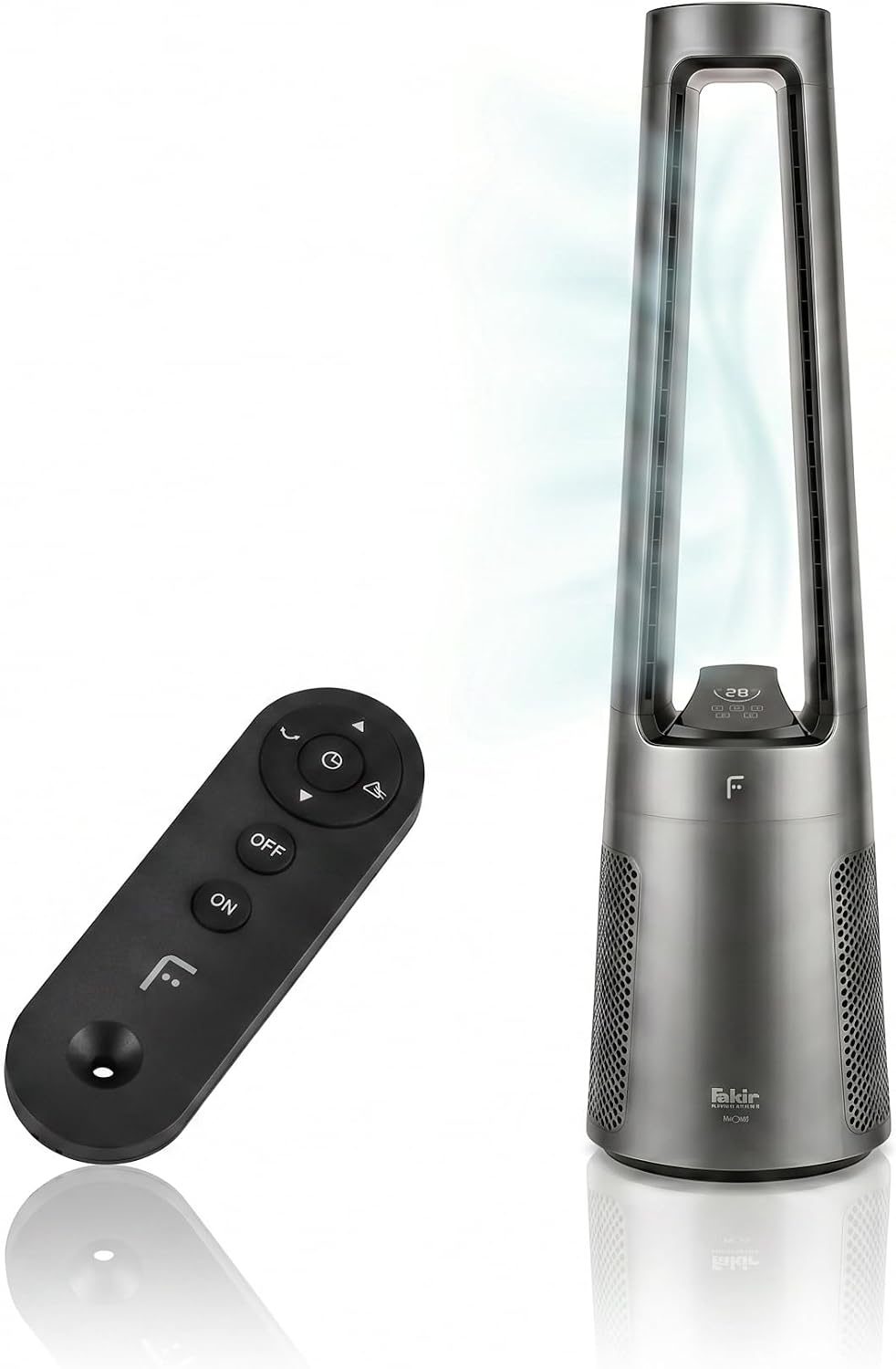 Ventilador de torre sin aspas Fakir TVL 100 - Motor CC, 12 velocidades de ventilación, 30 dB(A), oscilación de 60°, temporizador de 12h, pantalla táctil LED, mando a distancia, antracita