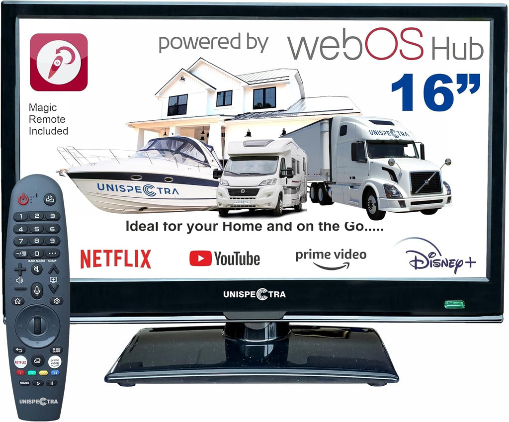 Smart TV Unispectra® de 16” (webOS) Full HD 230V 24V, triple sintonizador: satélite, antena, televisión por cable, 3xHDMI, 2xUSB, Magic Remote. Televisor de 12V para autocaravanas, caravanas, camiones, furgonetas y barcos.