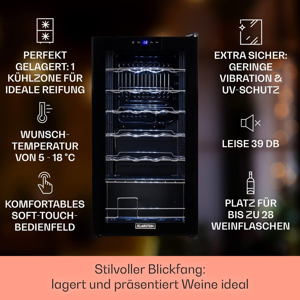 Nevera para vinos Klarstein, frigorífico para bebidas pequeño de 1 zona, vinoteca pequeña de 74L, nevera para vinos pequeña con puerta de cristal, enfriador de botellas para interior/exterior, nevera para vinos de 5-18°C, 28 botellas