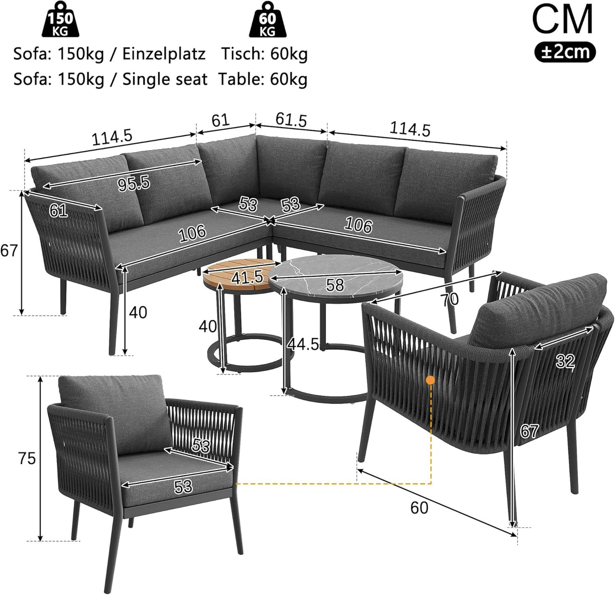 Conjunto de jardín Merax para 5-6 personas, set de muebles de jardín de ratán PE, grupo de asientos para balcón, sofá modular para exterior con mesa y set de cojines, grupo de asientos resistente a la intemperie para terraza, balcón y jardín, gris