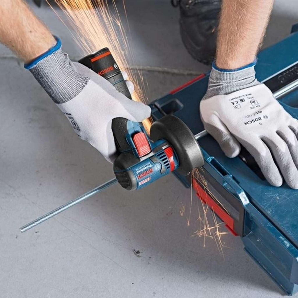 Bosch Professional system 12V: akumulatorowa szlifierka kątowa GWS 12V-76 (2 akumulatory GBA 12V 3.0Ah, szybka ładowarka GAL 12V-40, 3 tarcze tnące, walizka L-BOXX)