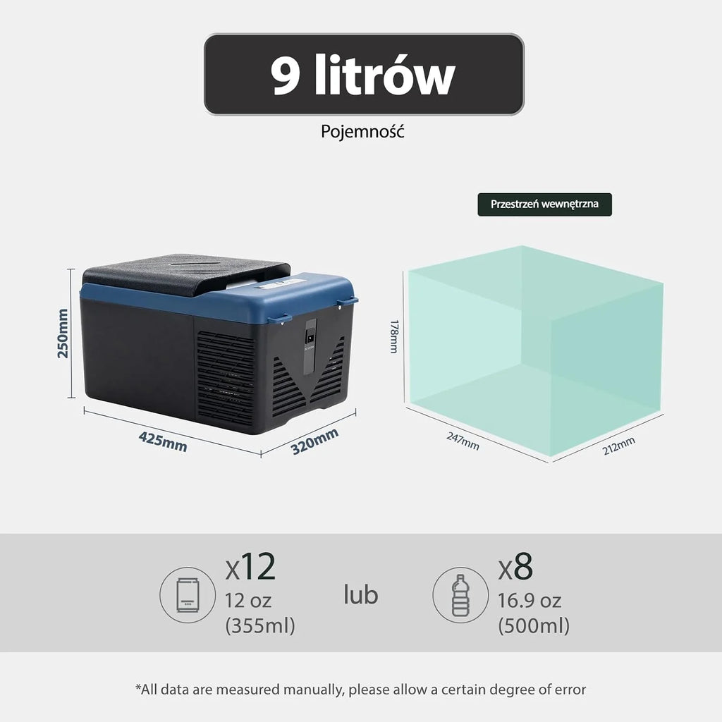 KI9 9L Mini Lodówka Przenośna Lodówka Samochodowa Zamrażarka 12/24V DC, Do Podróży, Pikniku, Kempingu, Użytku Zewnętrznego, od -20℃ do 20℃