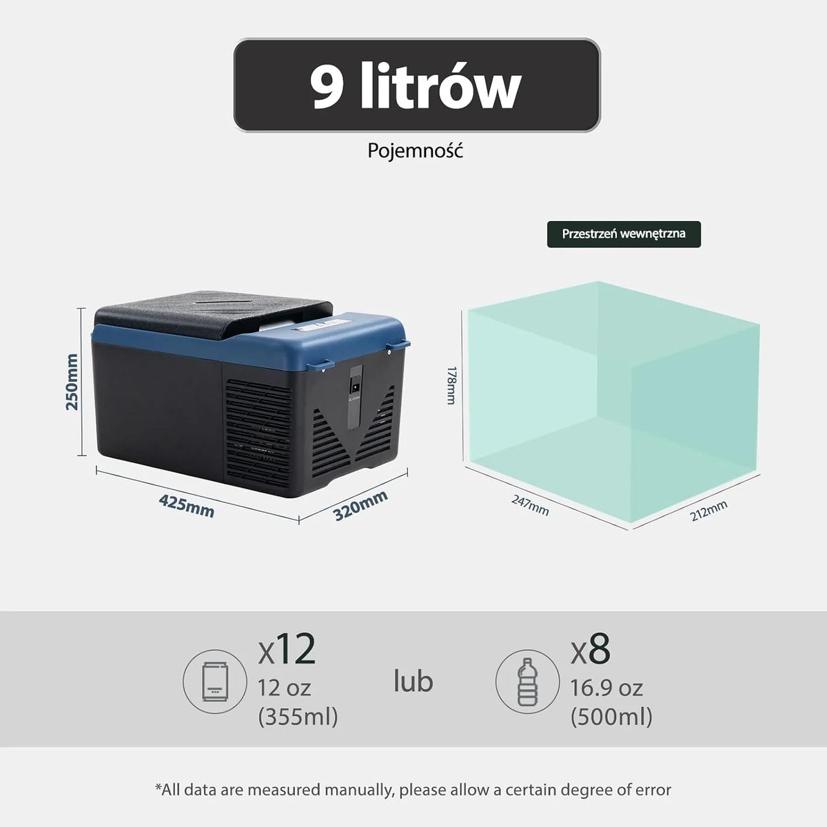 KI9 9L Mini Lodówka Przenośna Lodówka Samochodowa Zamrażarka 12/24V DC, Do Podróży, Pikniku, Kempingu, Użytku Zewnętrznego, od -20℃ do 20℃
