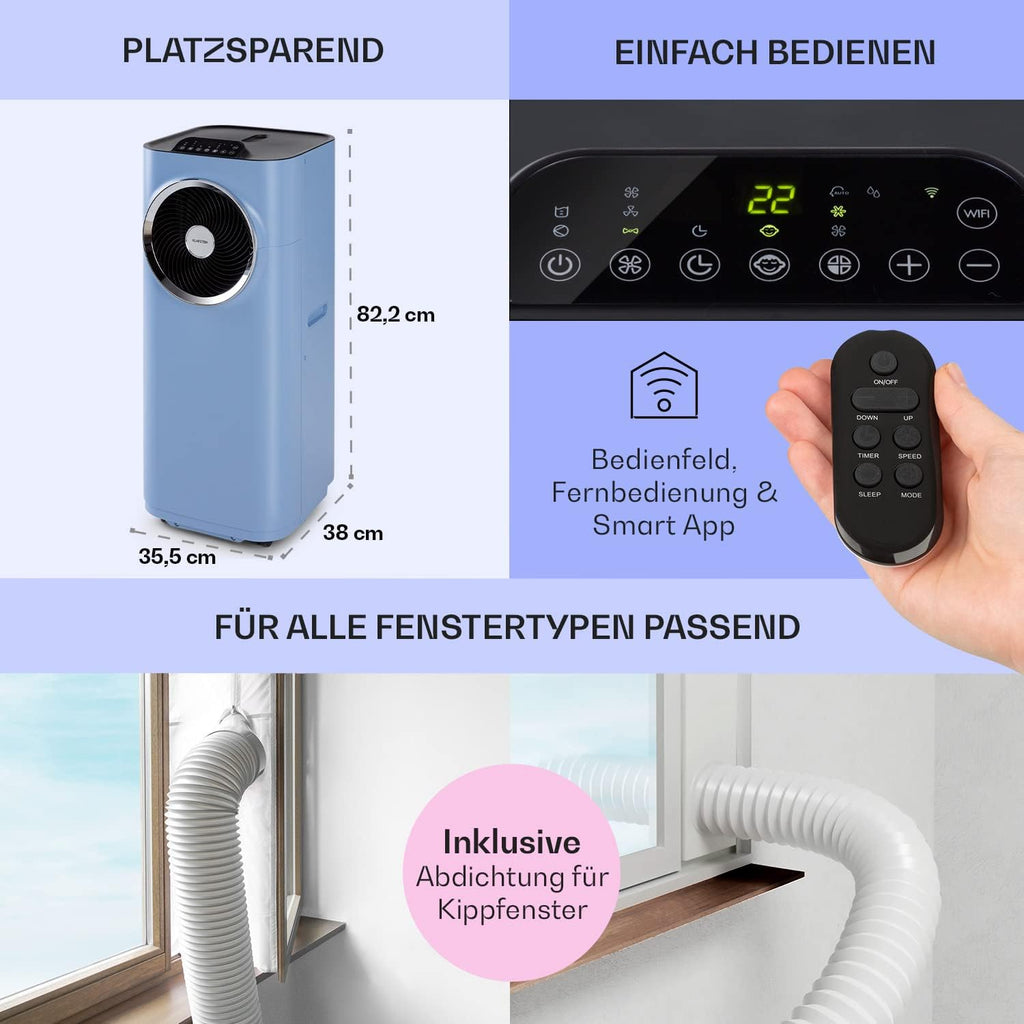 Acondicionador de aire portátil Klarstein con manguera de escape, unidad de climatización 5 en 1, ventilador, deshumidificador, purificador de aire y modo nocturno, control por aplicación, pequeño y portátil, para hogar y oficina, 12000 BTU