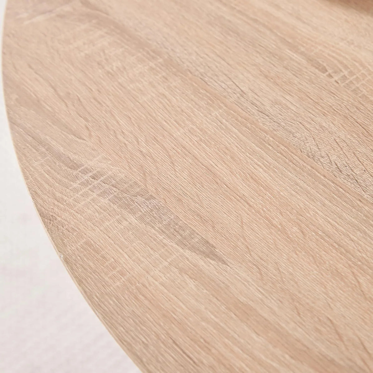 Okrągły stół do jadalni 120 cm dla 4-6 osób; rustykalny stół kuchenny z cylindryczną podstawą, płytą MDF i drewnianym cokołem żebrowym (tekstura jasnego drewna)