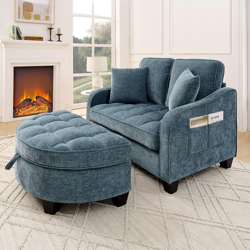 Sofá con reposapiés de almacenamiento, sofá cama con respaldo ajustable y cojines, sofá pequeño, para salas de estar pequeñas, salas de estudio, dormitorios, azul