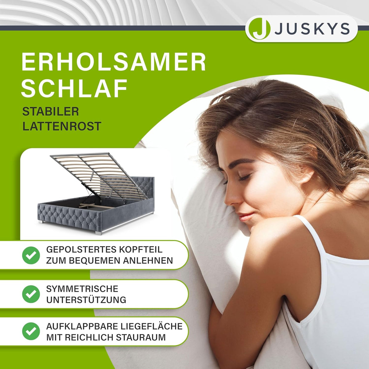 Cama tapizada Juskys Nizza 180x200 cm con colchón, estructura de cama con somier, almacenamiento y luz LED, tapizado de terciopelo, capitoné estilo Chesterfield, gris