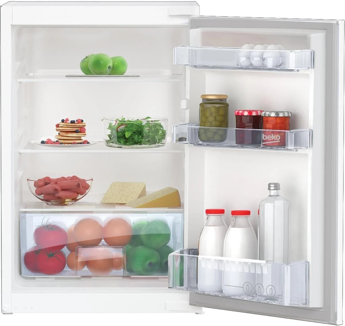 Beko B1804N lodówka do zabudowy, do wnęki 88, pojemność 126 litrów, 3 półki, kieszeń na warzywa, uchwyt na butelki, 92 kWh/rok, oświetlenie wewnętrzne LED, biała