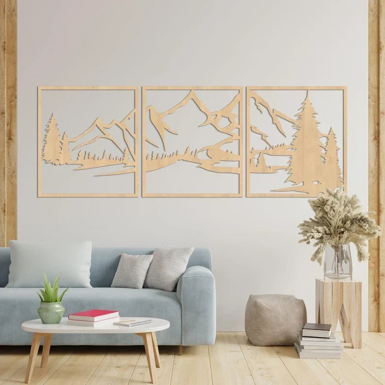 Arte de pared de montañas en madera, HDF 3 mm, decoración de pared rústica para sala de estar, dormitorio, oficina