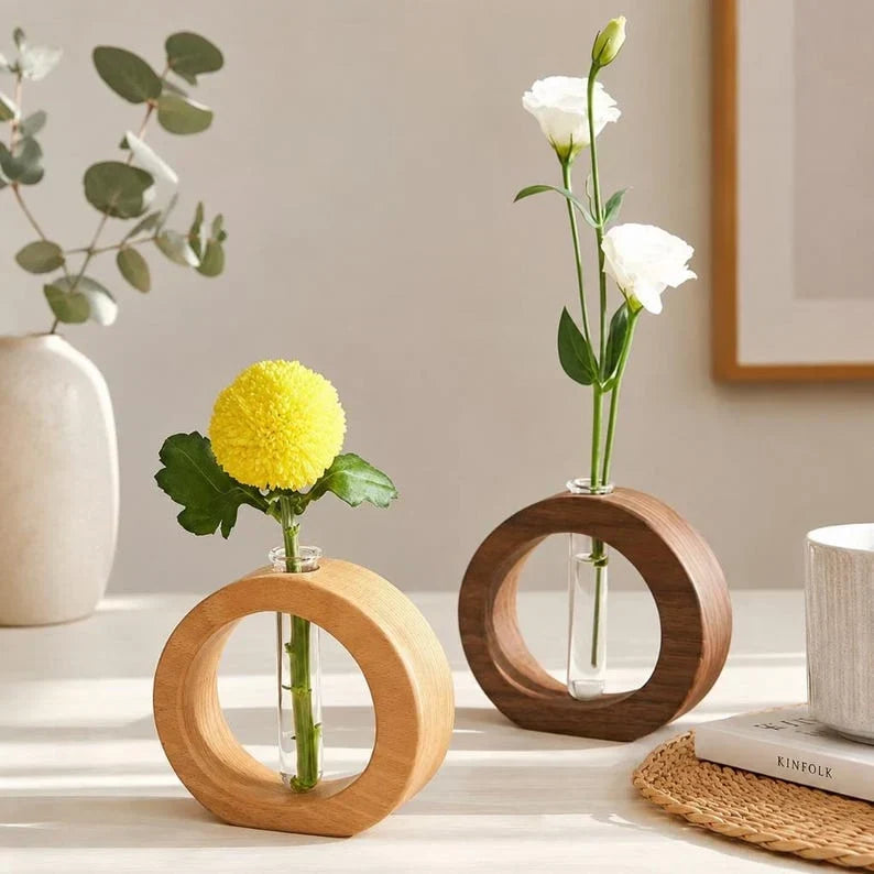 Jarrón redondo de tubo de ensayo de madera de nogal, maceta hidropónica con tubo de vidrio, decoración de escritorio escandinava
