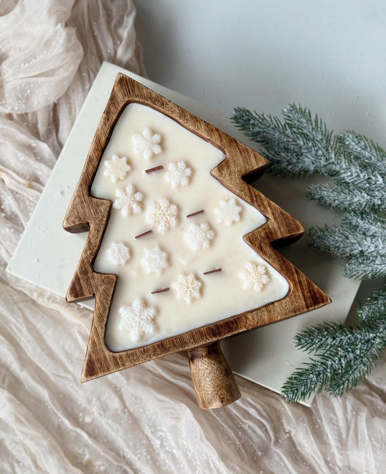 Cuenco de madera en forma de árbol de Navidad con copos de nieve o flor de Pascua, vela de soja, 100% cera de soja natural, mechas de madera, 26 cm x 19 cm