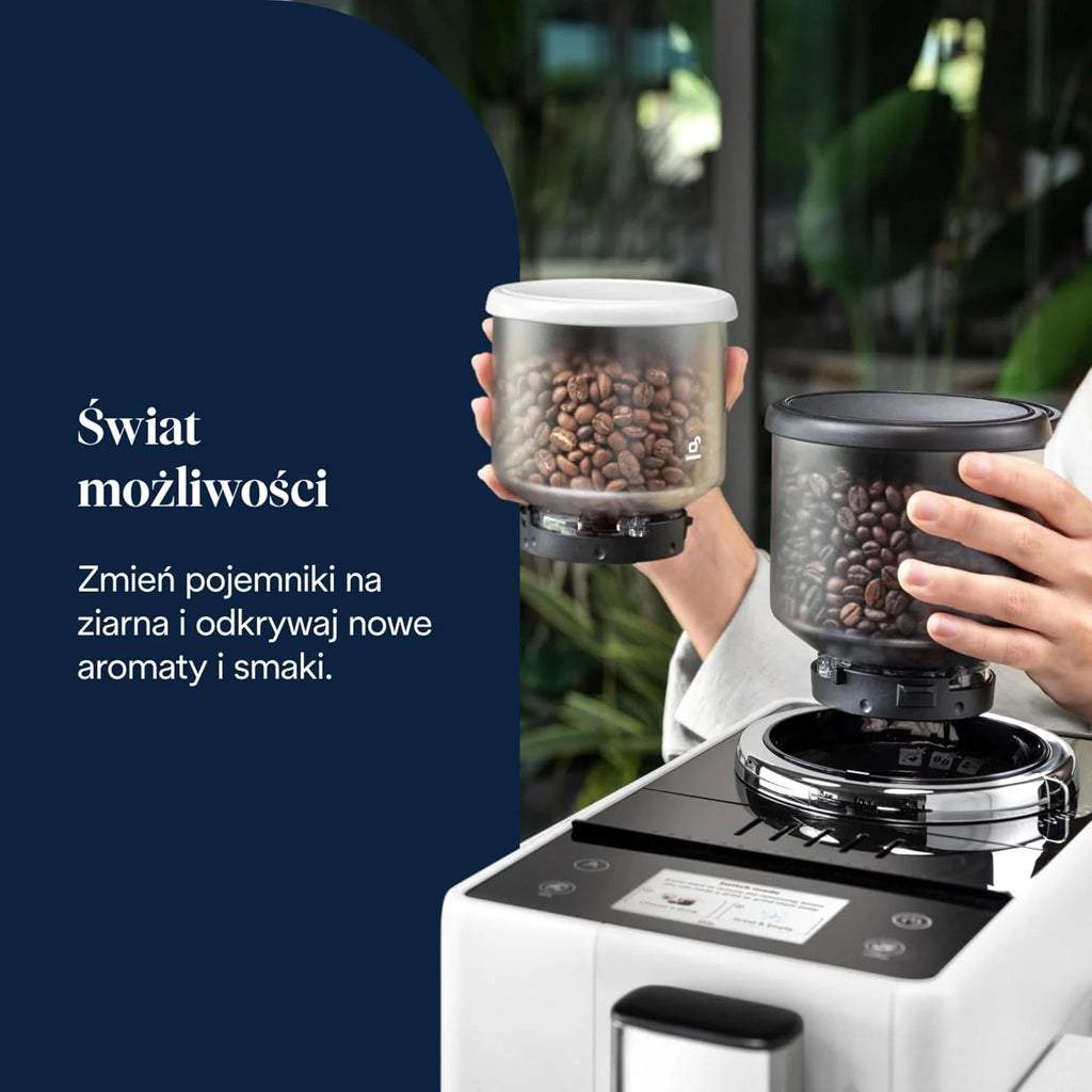 De'Longhi Rivelia EXAM440.55.W, superautomatyczny ekspres do kawy z LatteCrema Hot, automatyczny spieniacz do mleka, kompaktowy rozmiar, 16 przepisów, kolorowy ekran dotykowy, arktyczna biel