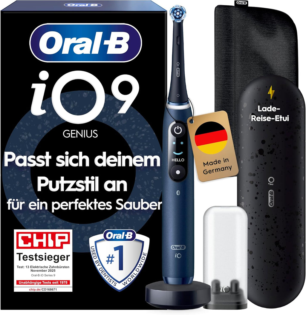 Cepillo de dientes eléctrico Oral-B iO Series 9, incluye 1 cabezal, 7 modos de cuidado bucal, ganador del test CHIP (11/25), diseñado por Braun, azul oscuro