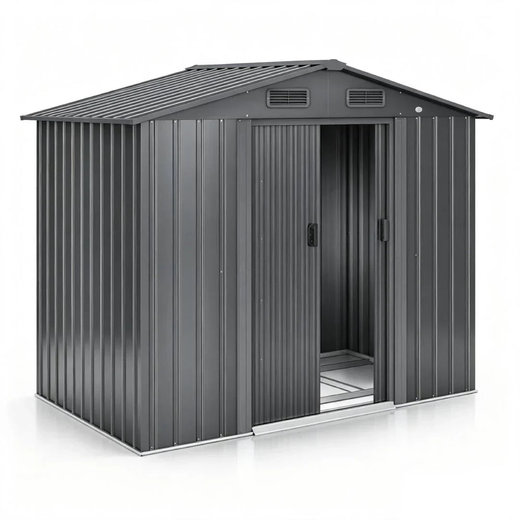 Casetas de jardín de metal de 4,2 m³ con marco de cimentación 195 × 131 × 186 cm, 2 puertas correderas, resistente a la intemperie