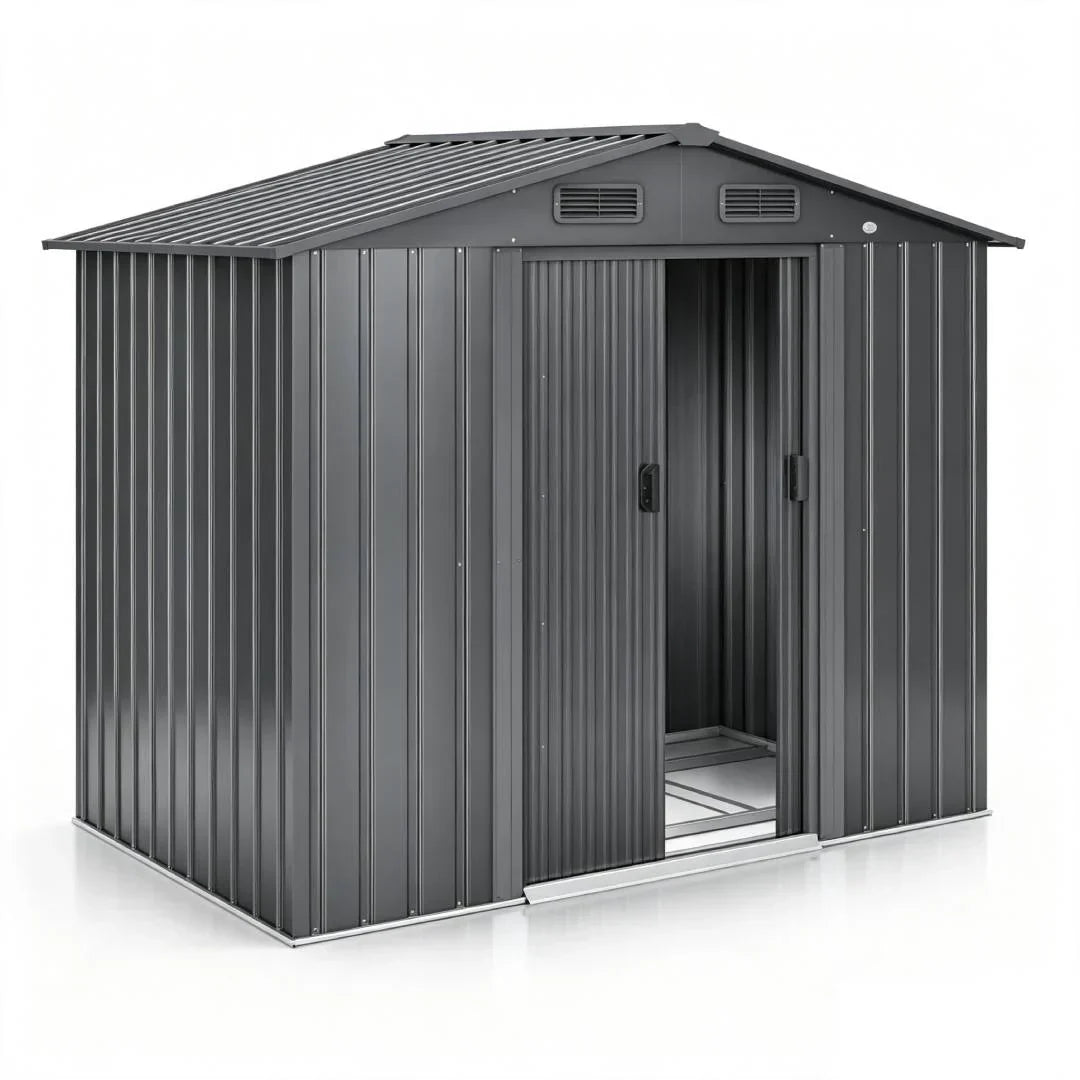 Casetas de jardín de metal de 4,2 m³ con marco de cimentación 195 × 131 × 186 cm, 2 puertas correderas, resistente a la intemperie