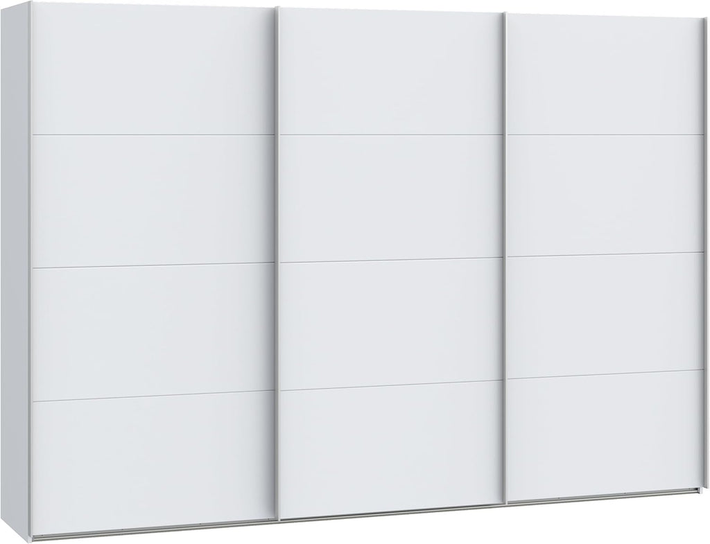 Armario corredero Forte SOPHISTISPACE 300 de 3 puertas con estantes y barra para colgar ropa, blanco, 299,8 cm de ancho, 210,5 cm de alto, 62,9 cm de profundidad