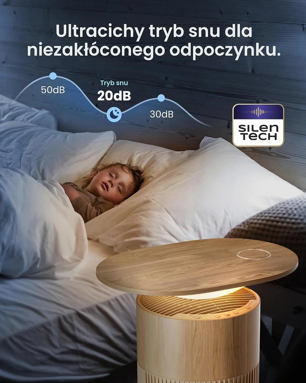 SwitchBot Oczyszczacz powietrza ze sterowaniem za pomocą aplikacji i lampką nocną, CADR 400 m³/h do 83㎡ pokoju, filtr HEPA usuwa 99,97% pleśni, pyłki kurzu, tryb uśpienia 20 dB