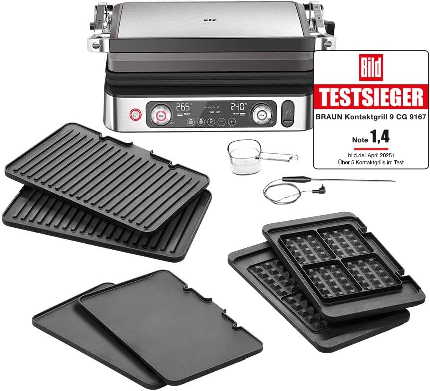 Braun MultiGrill 9 Pro CG 9167, parrilla de contacto con placas de grill, plancha y gofrera, y termómetro, posiciones de cocción: contacto, barbacoa, horno, placas aptas para lavavajillas, función Boost hasta 265°